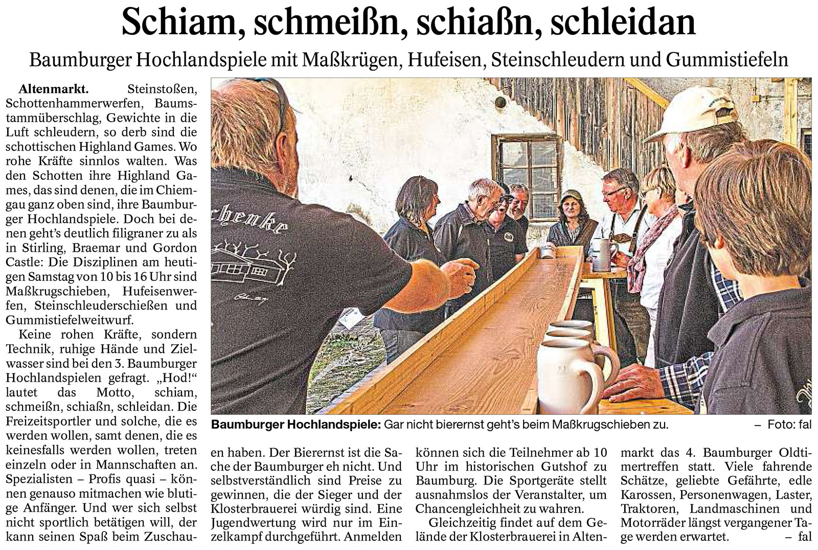 Ankündigung der Baumburger Hochlandspiele im Trostberger Tagblatt